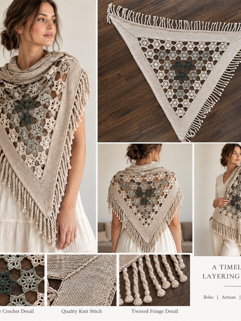 Artisan Crochet Knit Triangle Shawl Wrap Floral Fringe Boho